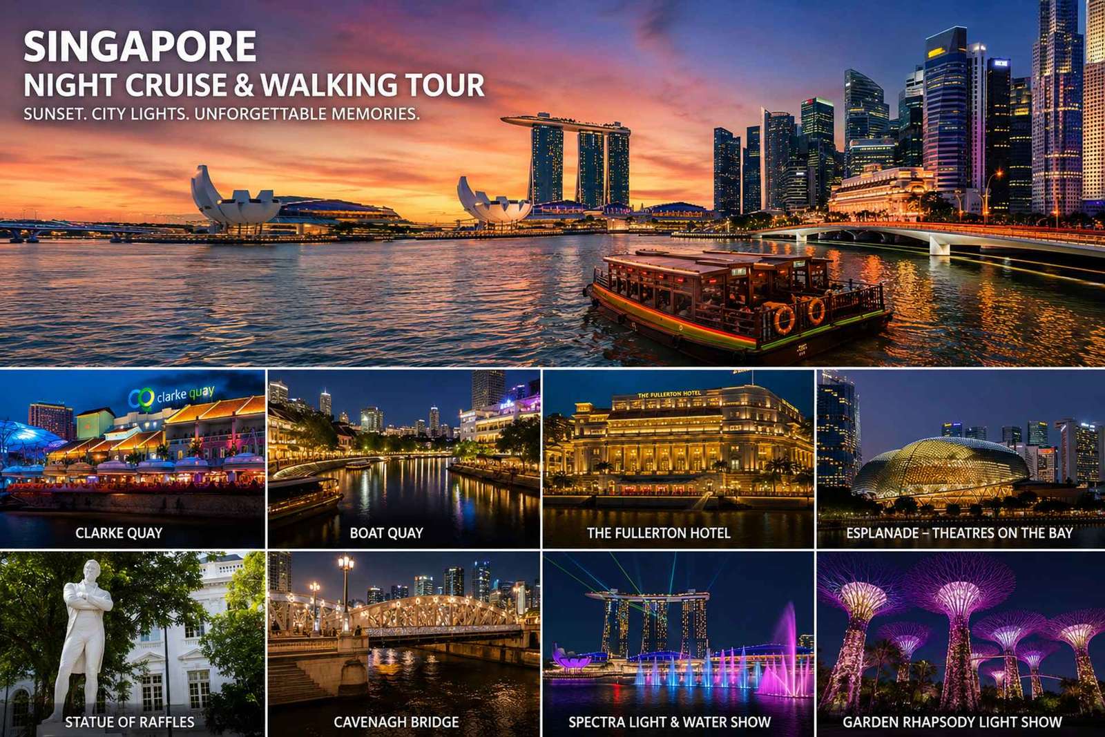 Cruzeiro ao pôr do sol pelo horizonte urbano de Singapura com caminhada noturna guiada