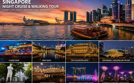 Cruzeiro ao pôr do sol pelo horizonte urbano de Singapura com caminhada noturna guiada